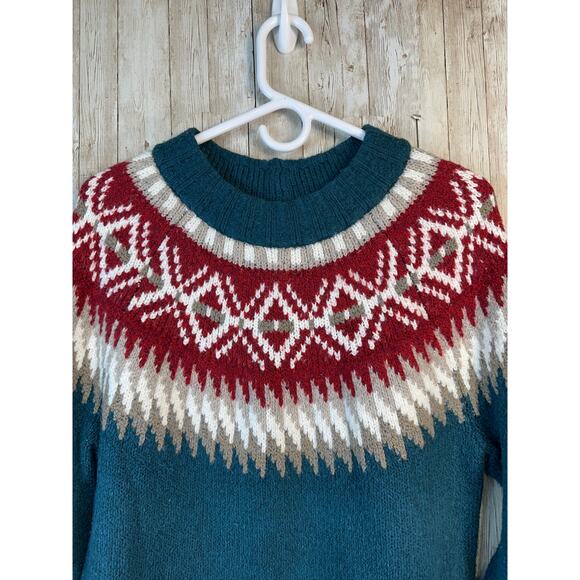 American Eagle Sweater Womens M Teal Blue Tan Mock Neck Fair Isle Knit Pullover - Picture 3 of 8